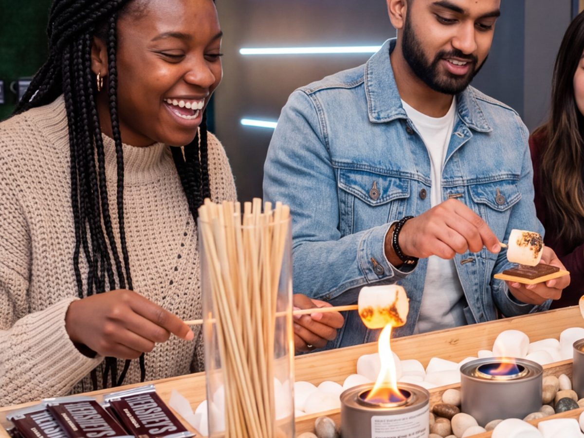 Guests toasting marshmallows at the s’mores bar